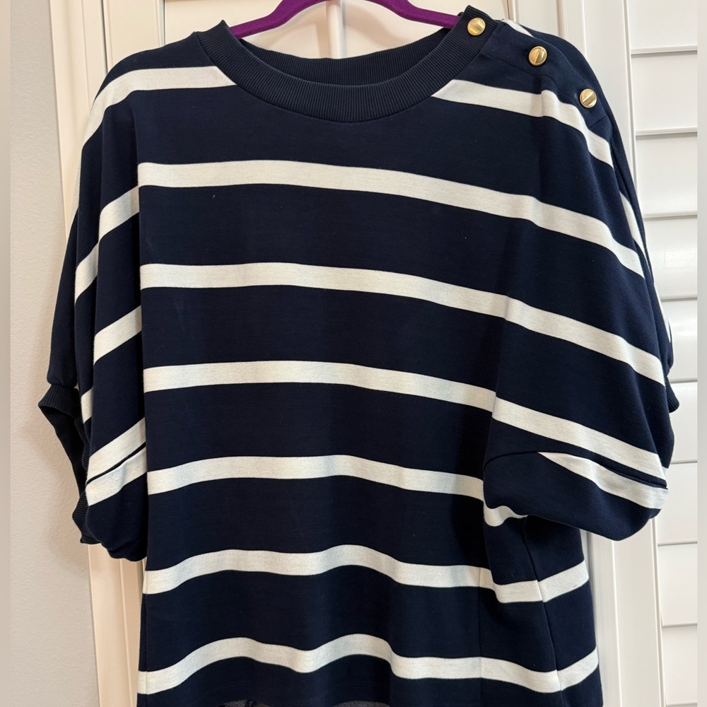 Ann Taylor Navy & White Striped Button-Shoulder Top